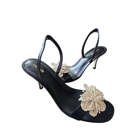 Larroudé Hibiscus Slingback Heel Sandals in Black Leather Flower Size 10 Heels - Picture 4 of 8